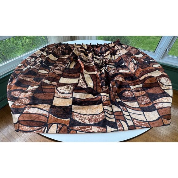 Vintage 70s pleated curtains, brown, rust, tan abstract pattern, velvet, pair - Picture 5 of 10